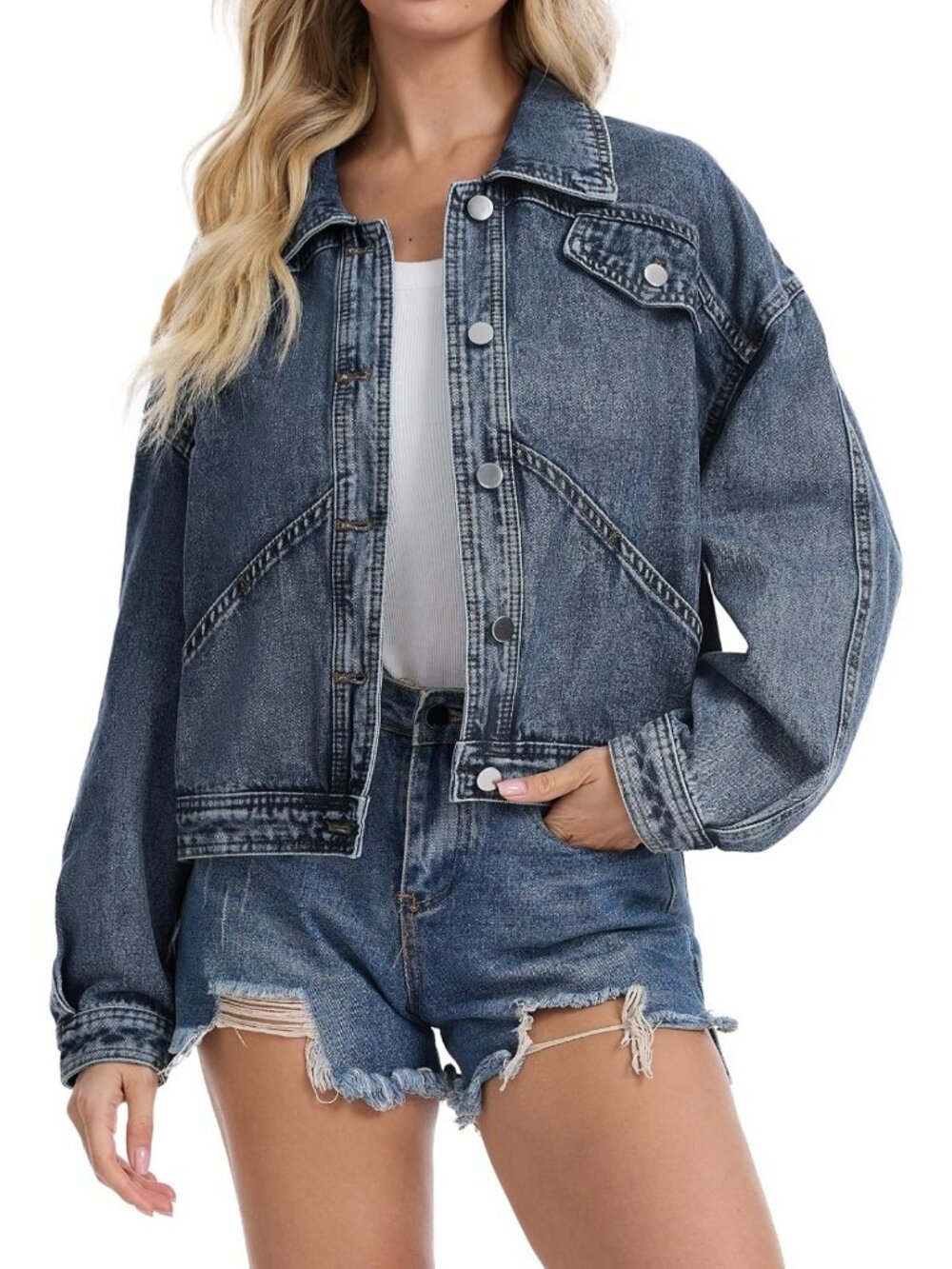 Trendy Women's Cropped Jean Jacket - Stylish Button-Up Trucker Bomber Outerwear